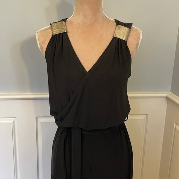 Cache Vintage Stretch Jersey Formal Jumpsuit Silver Metal Shoulder Accents Med - Picture 2 of 9